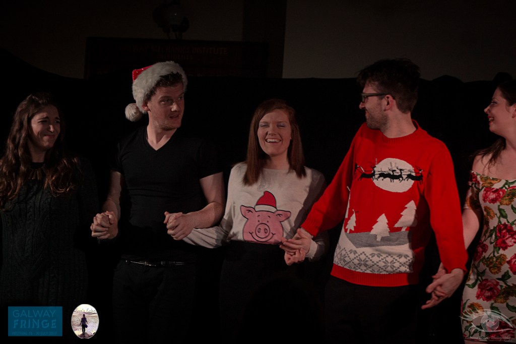 5 actors bow dressed in Christmas outfits