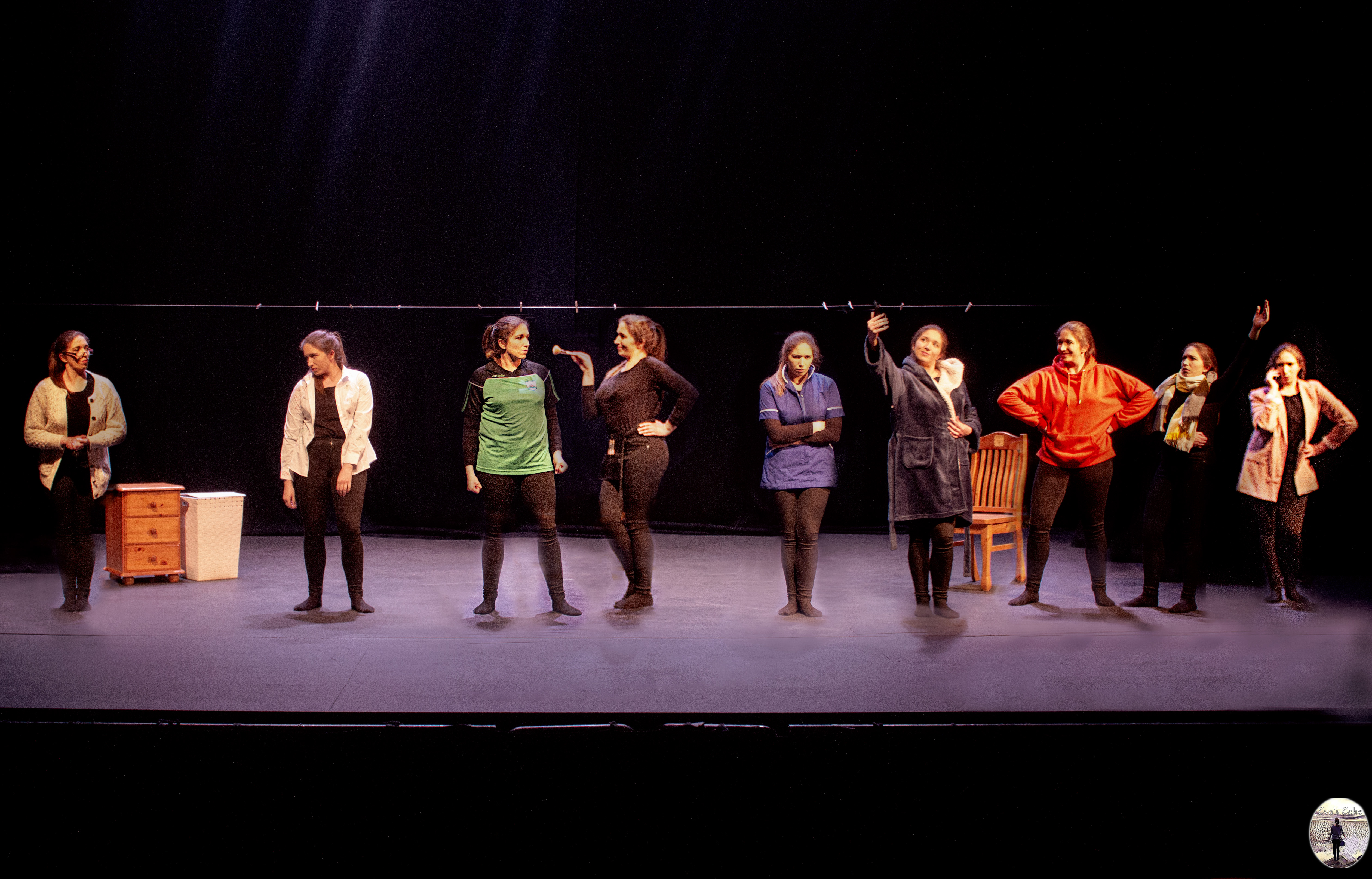 Theatre photography captures Hazel Doolan as all of the characters in Uniform, her one woman show.